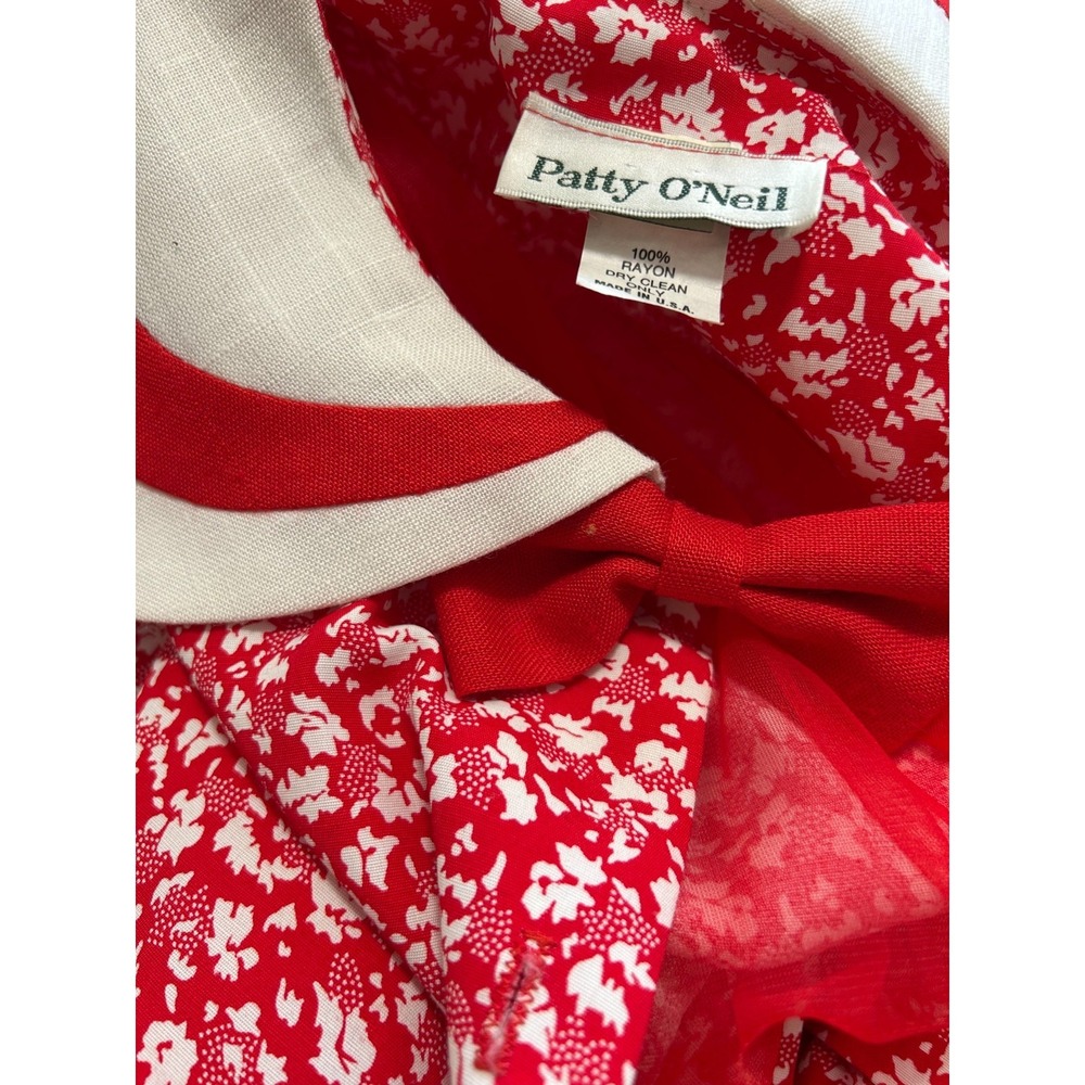 Vintage Patty ONeil Cottagecore Midi Dress M Red Floral Bow Peter Pan Collar EUC - Picture 7 of 14